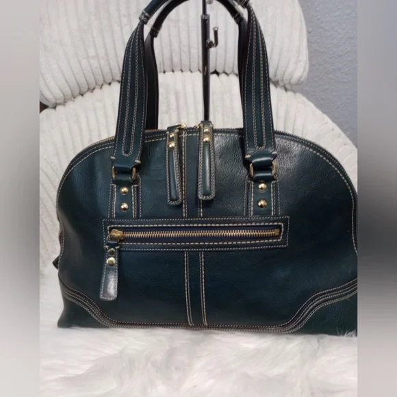 Coach Hamptons Blue Leather Satchel with Gold Accents